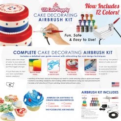 U.S. Cake Supply Complete Cake Decorating Airbrush Kit With A Full Selection Of 12 Vivid Airbrush Food Colors