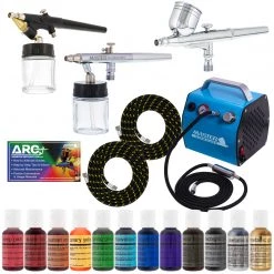 Master Airbrush Cake Decorating 3 Airbrush Kit With G22, S68, E91 Airbrushes, Quiet High Performance Compact Airbrush Compressor, 2 Hoses & 12 Color Food Coloring Set Cake Decorating Systems