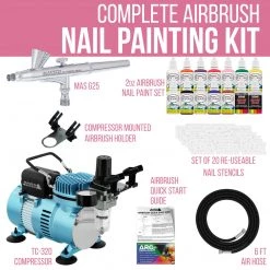 Master Airbrush Nail Decorating Systems Complete Professional Airbrush Nail Kit With G25 Airbrush, Master Compressor TC-20, Air Hose, 20 Nail Stencils & 12 Custom Body Art Colors, 1 Oz.