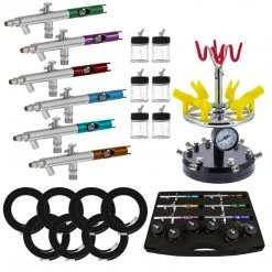 Master Airbrush Side Feed Airbrushes Master S66 Airbrush Set With 6 Precision Siphon Feed Airbrushes, 6 Station Airbrush Holder With Air Regulated Manifold, 7 Air Hoses & 6 Bottles