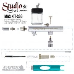 Master Airbrush Side Feed Airbrushes Master S66 Airbrush Set With 6 Precision Siphon Feed Airbrushes, 6 Station Airbrush Holder With Air Regulated Manifold, 7 Air Hoses & 6 Bottles