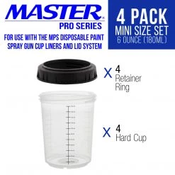 Master Pro Master Paint System MPS, 4 Pack Set Of Mini Size 6 Ounce (180ml) Hard Cups And Retainer Rings - 4 Hard Cups And 4 Rings MPS Cups & Liners