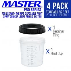 Master Pro Master Paint System MPS, 4 Pack Set Of Standard Size 20 Ounce (600ml) Hard Cups And Retainer Rings - 4 Hard Cups And 4 Rings MPS Cups & Liners