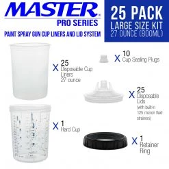 Master Pro Master Paint System MPS Disposable Paint Spray Gun Cup Liners And Lid System, 25 Pack Large Size 27 Ounce (800ml) Kit MPS Cups & Liners
