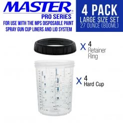 Master Pro Master Paint System MPS, 4 Pack Set Of Large Size 27 Ounce (800ml) Hard Cups And Retainer Rings - 4 Hard Cups And 4 Rings