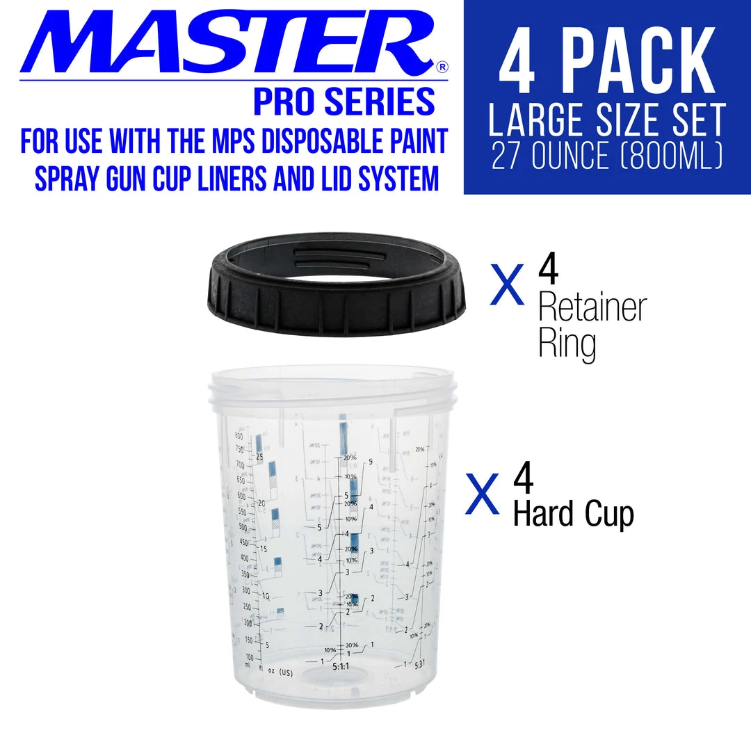 Master Pro Master Paint System MPS, 4 Pack Set Of Large Size 27 Ounce (800ml) Hard Cups And Retainer Rings - 4 Hard Cups And 4 Rings 4 Master Pro Master Paint System MPS, 4 Pack Set Of Large Size 27 Ounce (800ml) Hard Cups And Retainer Rings - 4 Hard Cups And 4 Rings