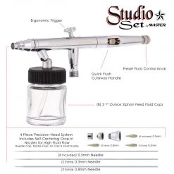 Master Airbrush 8 Master Hi-Flow S62 Dual-Action Siphon Feed Airbrushes With 0.5 Mm Tips, 3/4 Oz. Bottles, Cutaway Handles & Storage Case